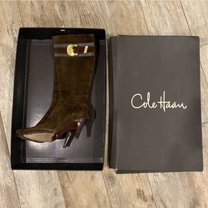 Cole Han Brown Suede Nike Air Knee Length Boots with Gold Buckle Size 6B